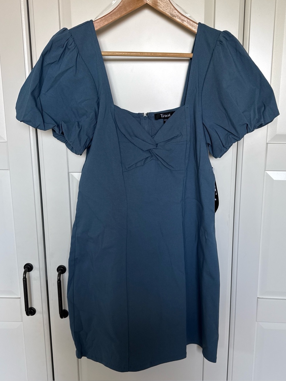 Trixxi Slate Blue Square-Neck Puff Sleeve Mini Dress NWT